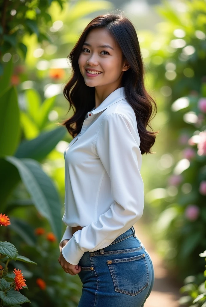 Indonesian woman aged 23,, body facing forward, wearing a white shirt, not wearing a bra, tight jeans, sexy hips, green garden background