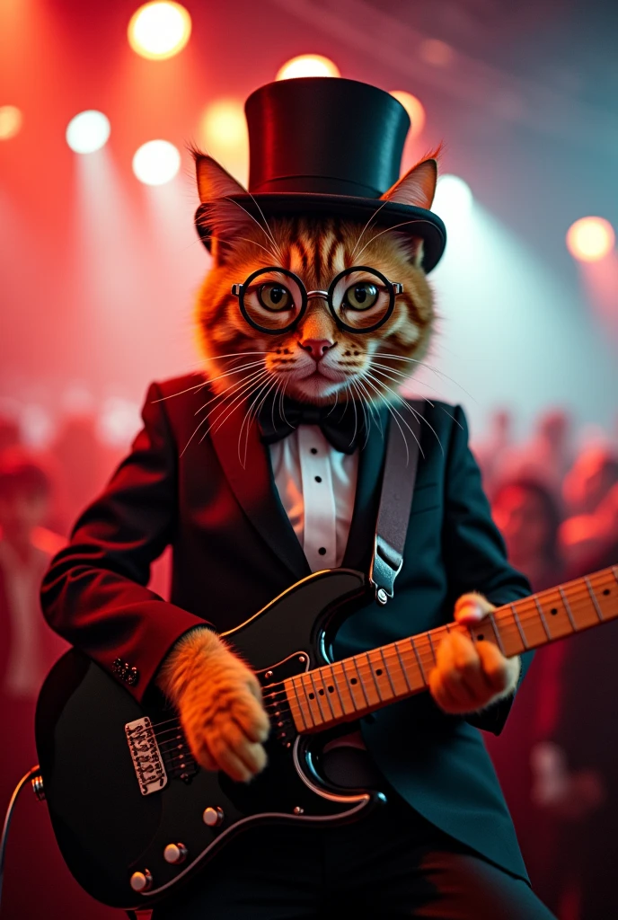 cat in the stage, cinematic angle, orange cat, orange hair, wearing tuxedo, playing keytar , top hat, monocle, bowtie, rock concert, rock festival,