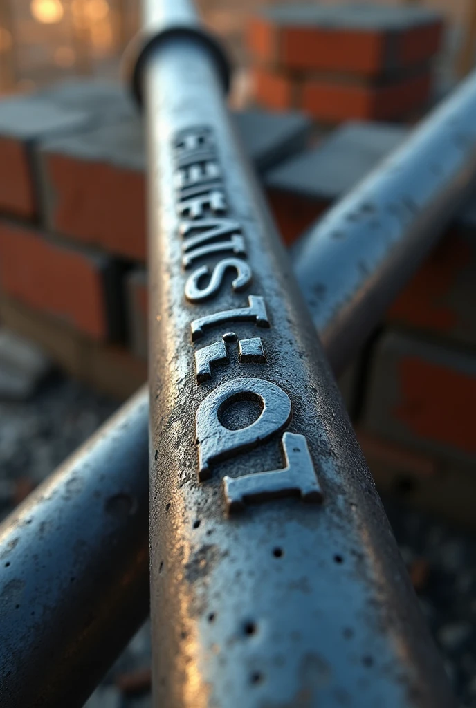 Generate a high-quality, detailed image of a steel rebar (sariya) with visible ribs running along its length. The rebar should have the text "ALAM STEEL" embossed deeply into the surface, in bold, industrial-style lettering that wraps around the rebar's curvature. The ribs should be pronounced, following the spiral pattern typical of reinforced steel bars. The text "ALAM STEEL" should look like it's been stamped or engraved into the metal, maintaining a strong, durable appearance, with the metallic texture and sheen clearly visible. Ensure that the overall design of the rebar reflects the realistic look of a construction-grade steel rod with all the characteristic features.