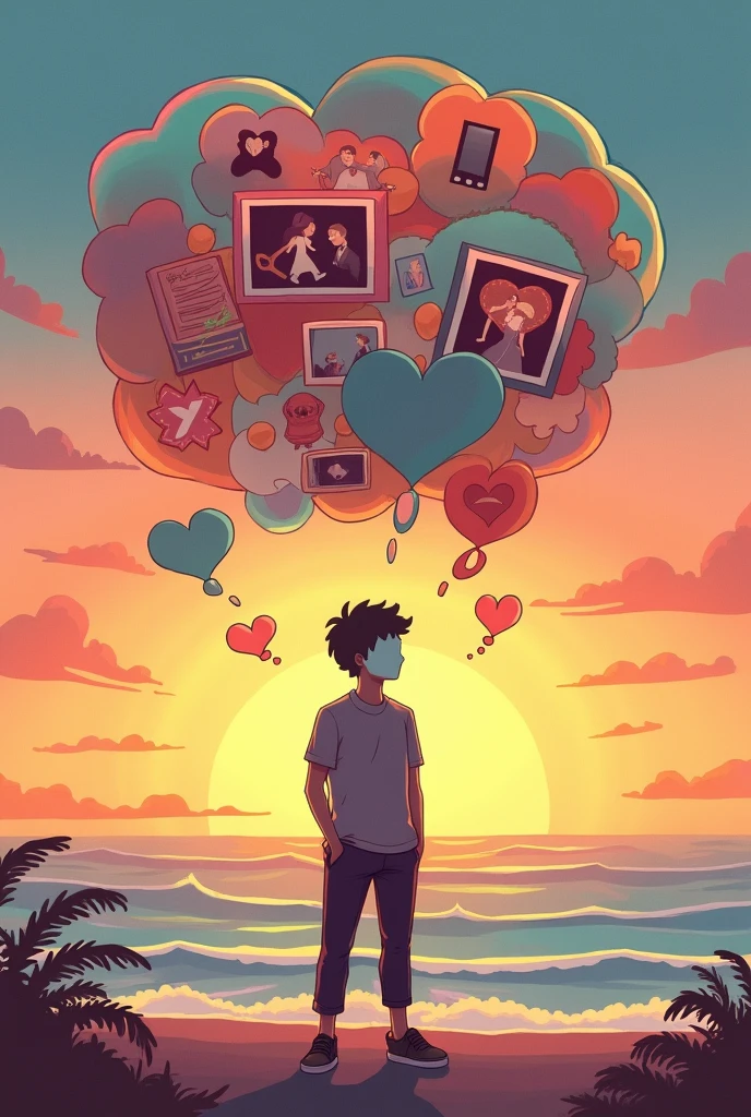 Create a cartoon with a man whose face is invisible and whose expression is sad, but seriously, looking at a fixed point, and a representation of his mind with various thoughts about lost loves
