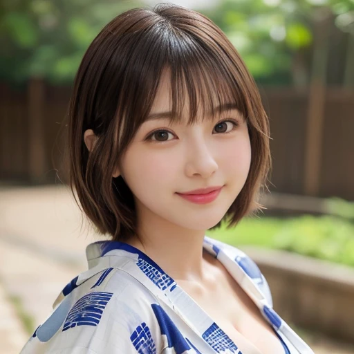 One Girl, (beautiful girl, Delicate girl:1.3), (:1.3),
 (yukata:1.2), smile, Very beautiful eyes, (Symmetrical eyes:1.3),
(Big Breasts:1.3), Brown eyes, Parted bangs, Brown bob cut hair, Round face, cute,(Eye and facial details:1.0),(masterpiece, Highest quality, Very detailed, Detailed face, 8k)(((Big Breasts1.3)))