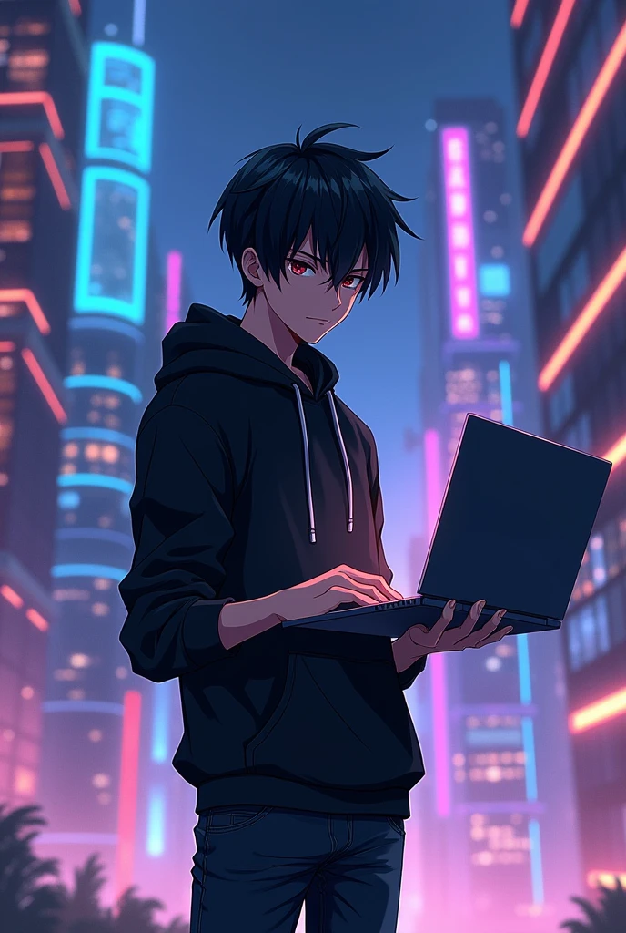 A anime boy with body standing and his hand holding the computer