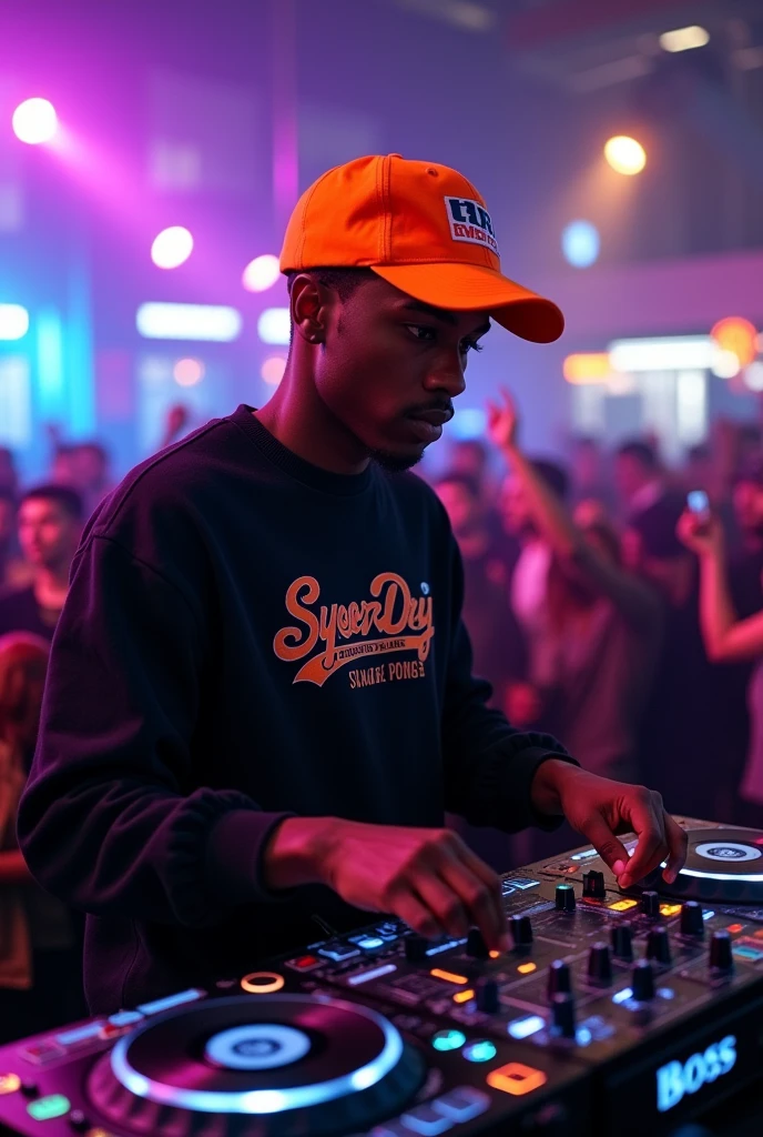 A 23-year-old dark-skinned boy with a black Superdry brand sweatshirt that says Superdry, an orange Hugo Boss cap and a gold chain playing RX DJ with short hair