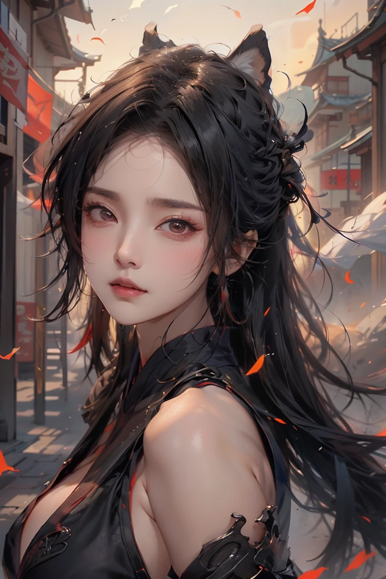 (masterpiece:1.3, Highest quality, Ultra-high resolution, Very detailed), (Realistic, photoRealistic:1.4), Perfect lighting, colorful, Written boundary depth, Browsing Caution, Surrealism,Beautiful detailsまでこだわった髪, Beautifully detailed face、Beautiful details, Perfect Face, Perfect Anatomy, Long necked supermodel,((Skinny 1.3)),Looking into the camera,(Perfect Anatomy),((beautiful girl:1.1)),(( Large Breasts: 1.3 )),(Medium Hair:1.2, Wavy Hair:1.2, Black Hair) ,Dainty facial structure、With fox ears on the head、It has a fox's tail on its butt.、Sengoku period、battlefield、battle、Female Samurai、Maid、armor、Battle attire、Japanese sword、Sword in both hands、nine tailed fox、Old Townscape、Old Japan、Sunset