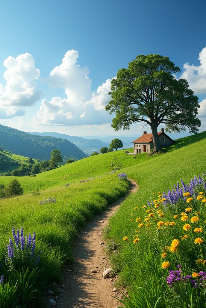 A wide, panoramic view of the countryside with gently rolling hills covered in lush, green grass. The landscape is dotted with small patches of wildflowers in vibrant colors, and a few large, ancient oak trees stand proudly on the hilltops. A narrow dirt path winds through the hills, leading to a distant, cozy farmhouse with smoke rising from the chimney. The sky is vast and blue, with a few soft, fluffy clouds drifting lazily overhead. The scene is peaceful and expansive, evoking a sense of freedom and connection to nature