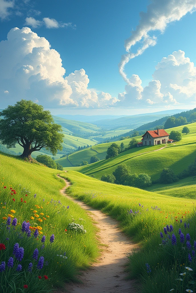 A wide, panoramic view of the countryside with gently rolling hills covered in lush, green grass. The landscape is dotted with small patches of wildflowers in vibrant colors, and a few large, ancient oak trees stand proudly on the hilltops. A narrow dirt path winds through the hills, leading to a distant, cozy farmhouse with smoke rising from the chimney. The sky is vast and blue, with a few soft, fluffy clouds drifting lazily overhead. The scene is peaceful and expansive, evoking a sense of freedom and connection to nature