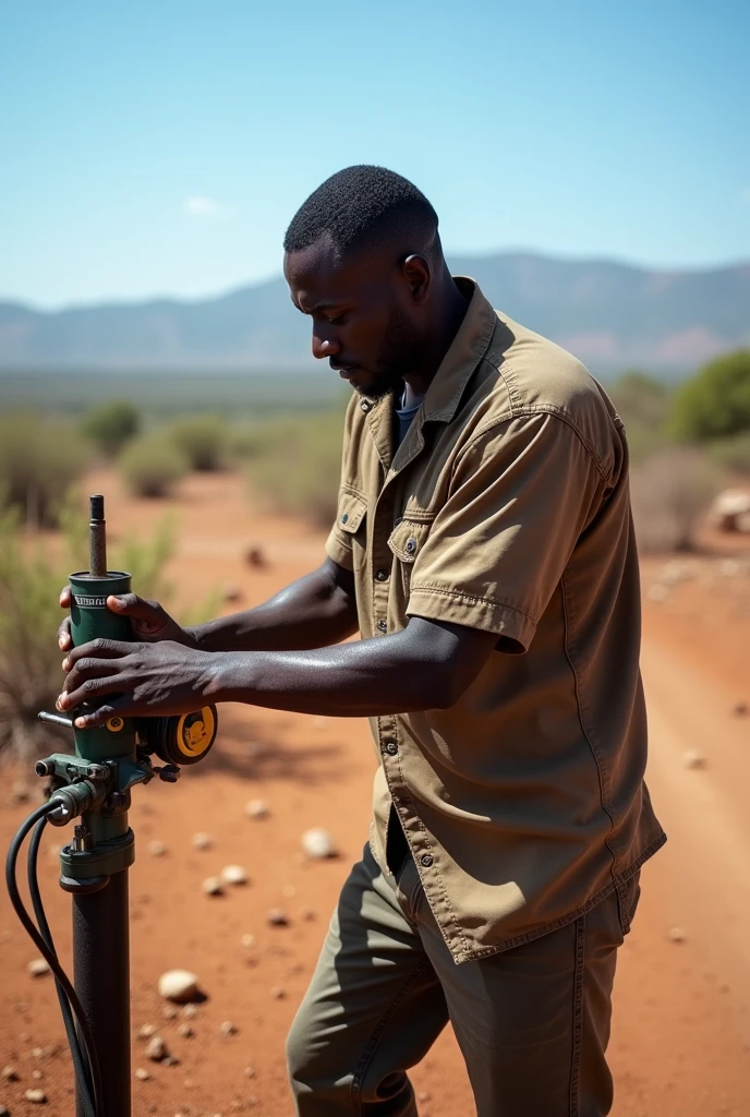 Create a realistic image of an ethiopian man working on portable water borehole driling work
