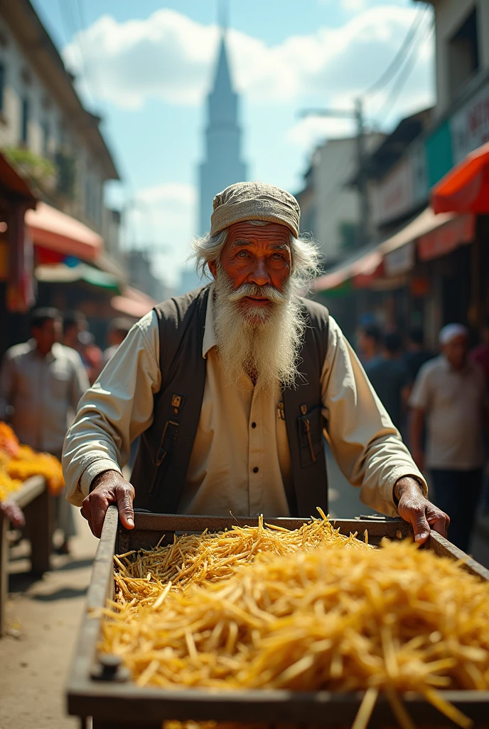 A realistic image of a modern. A poor islamic old man took his paddy to market