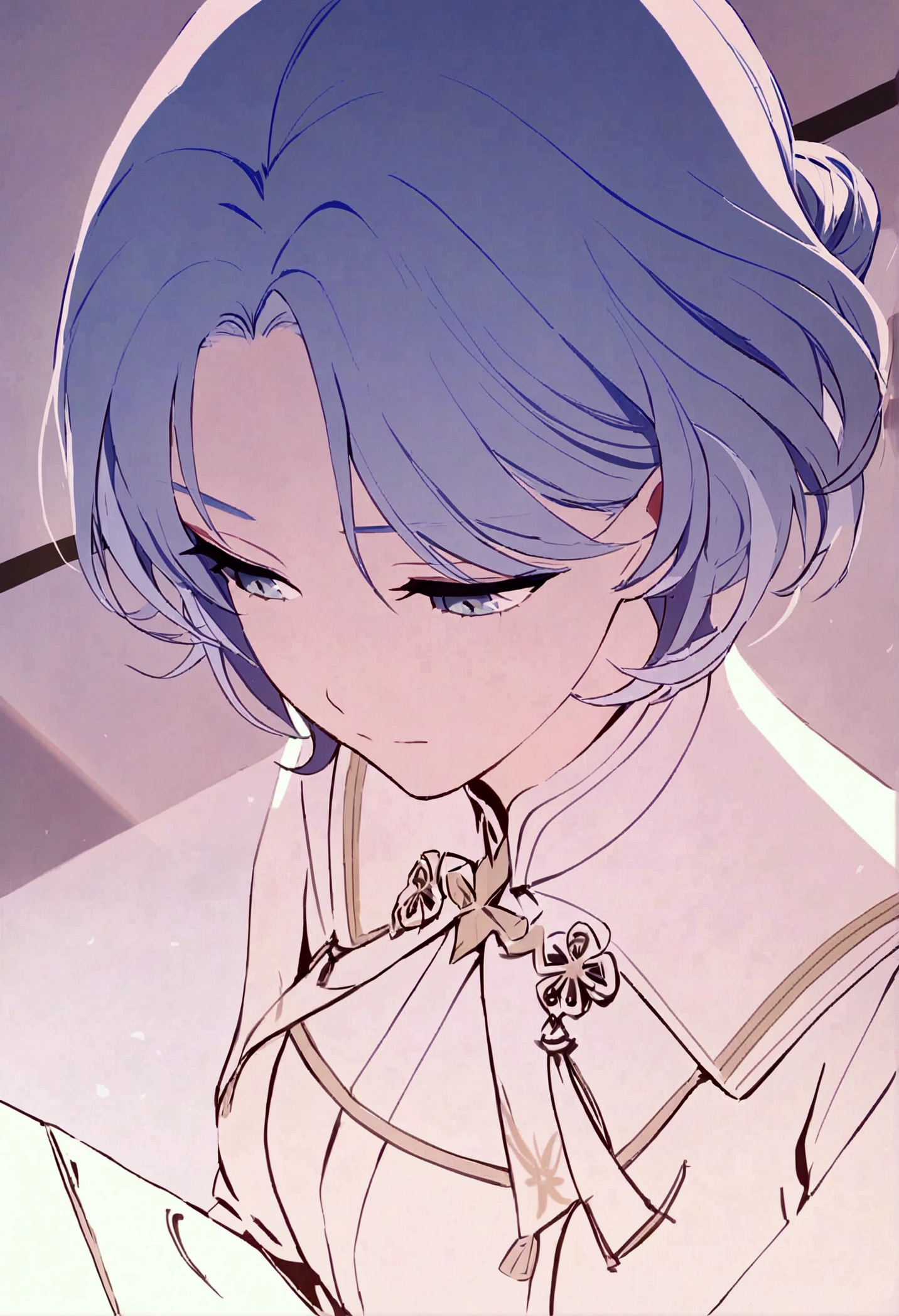 Looking down Short hair Blue hair