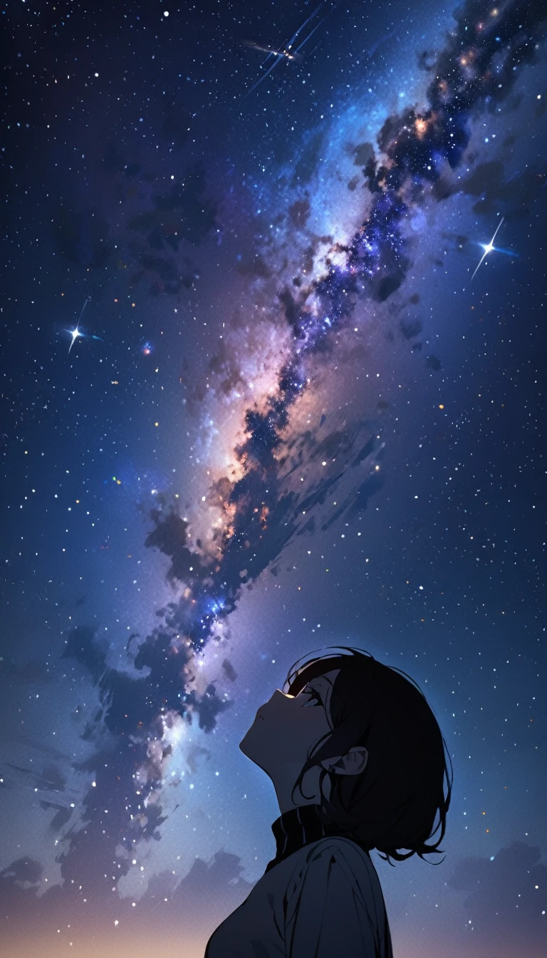 masterpiece, best quality, 1girl, solo, silhouette, looking up to the sky, night sky, starry sky, milky way, galaxy, beautiful stars, night time, 