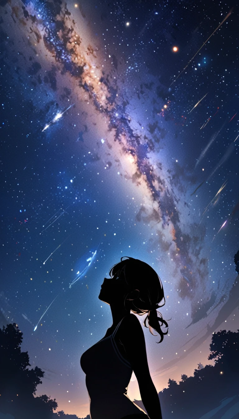 masterpiece, best quality, 1girl, solo, silhouette, looking up to the sky, night sky, starry sky, milky way, galaxy, beautiful stars, night time, 
