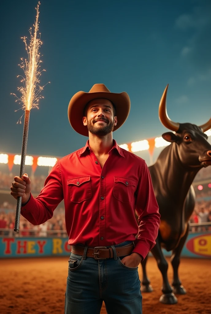 Mecanical bull rental, a man using red shirt, grab a long magic stick,