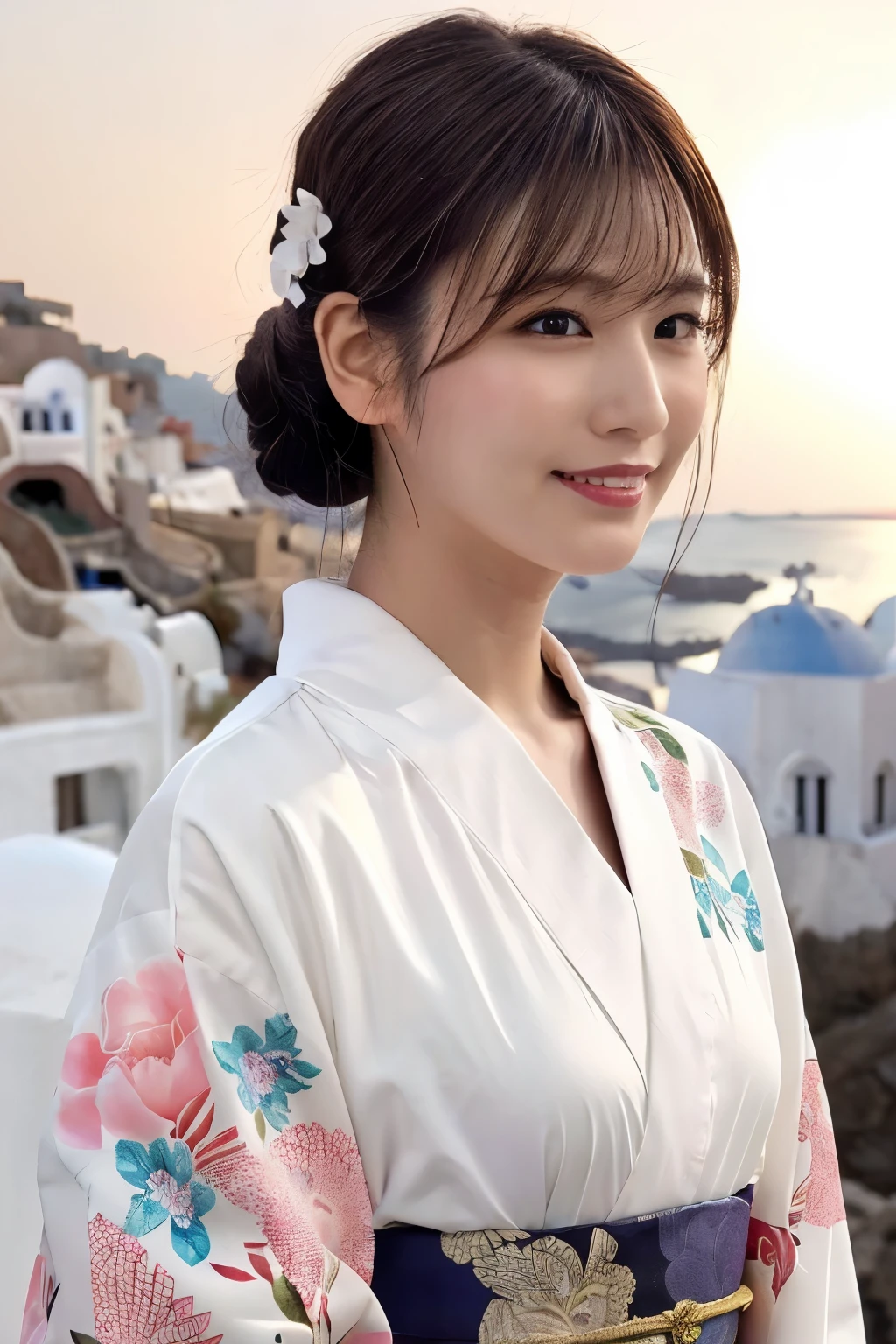 1 person, (Wearing a pink floral kimono.:1.2), Very beautiful Japanese idol portraits, 
(RAW Photos, Highest quality), (Realistic, Realistic:1.4), (masterpiece), 
Very delicate and beautiful, Very detailed, 2k wallpaper, wonderful, finely, Very detailed CG Unity 8k 壁紙, Very detailed, High resolution, Soft Light, 
Beautiful details, Very detailed目と顔, Beautiful and sophisticated nose, Beautiful and beautiful eyes, Cinema Lighting, 
(Commemorative photo on Santorini Island:1.3), (White Building), (blue sky), (Church bells), (Aegean Sea),
(Japanese hairstyle), (Tie your hair at the back:1.3), (bangs), (hairpin), 
Complete Anatomy, Slender body, Small breasts, smile