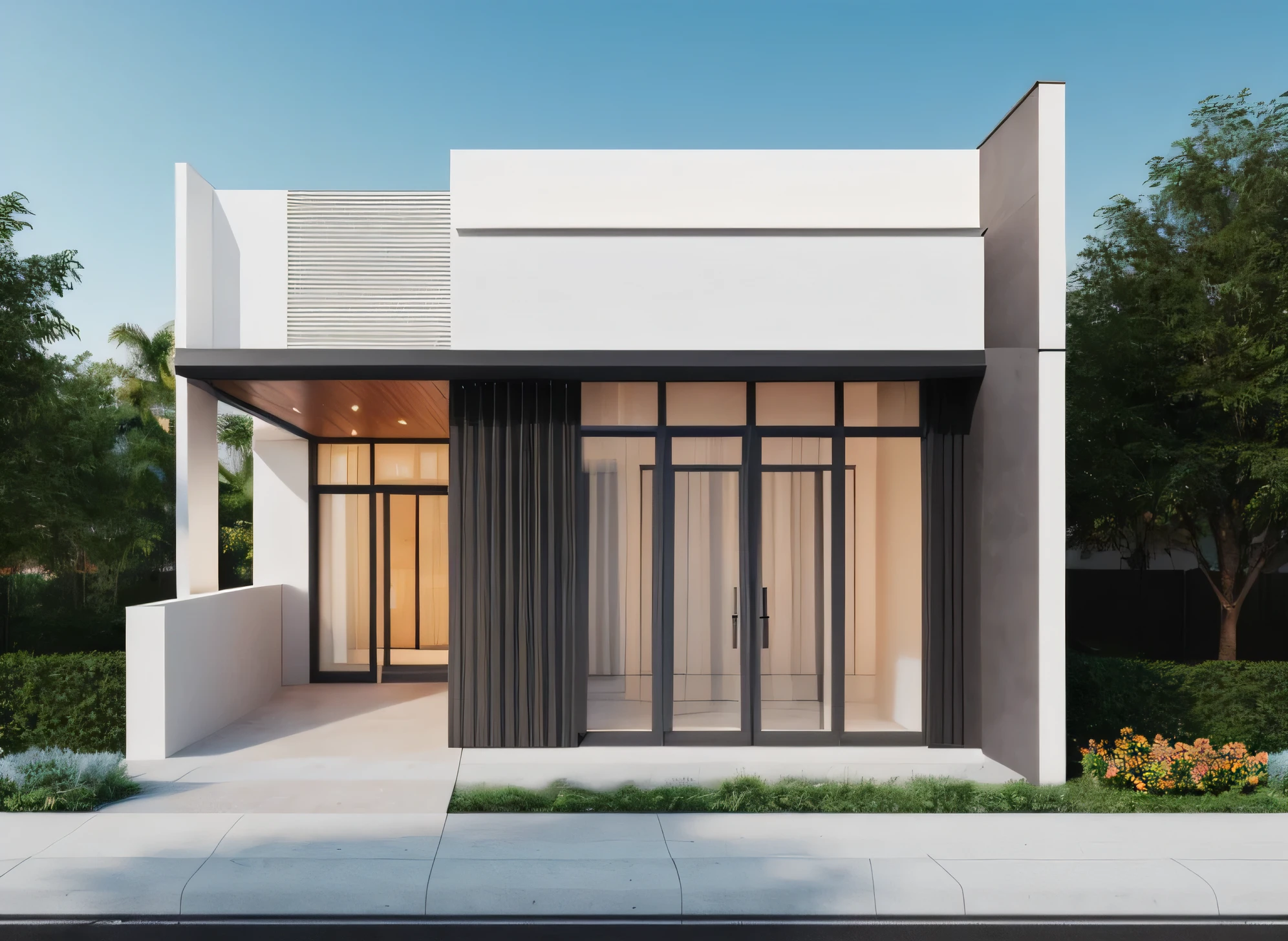 Minimalist architecture, the main materials of the house include white walls, blue concrete effect walls, Realistic images, extremely detailed, a modern house, 1 road in font of house, large yard made by ceramic, (1 car), brick fence, lawn, a few small flowers, a road in front of the house, main materials of the house are white walls and red brick, Modern design, clear blue sky, sunrise light, light from inside, dynamic light,shimering light, cinematic light, romantic feeling, (((day light, warm light)))