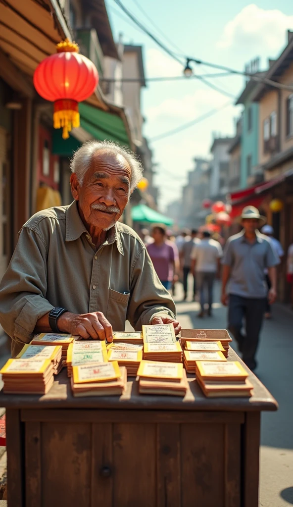 Mr. Tu is over 60 years old., gentle face, tan, with mischievous little eyes and a thin silver mustache. His hair was white, cut short and neat. He always smiles, create a sense of closeness and friendliness. Mr. Tu sells lottery tickets to Mr. An.