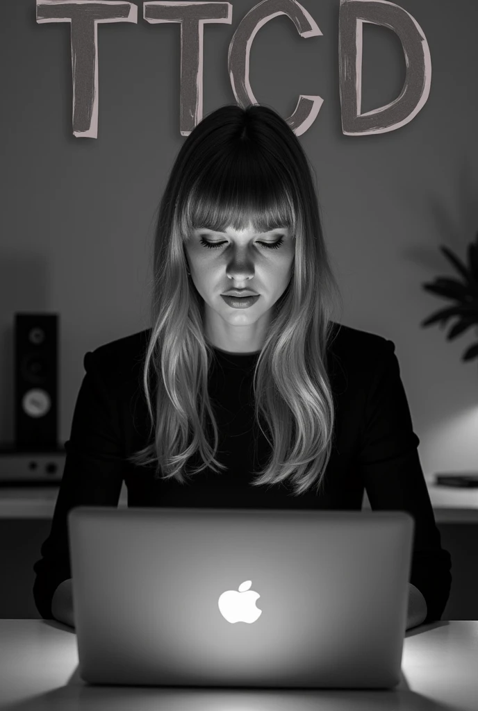 Black and white image of Taylor Swift coding on a laptop, her hair are straight, with "TTCD" written in big font on top of the photograph 