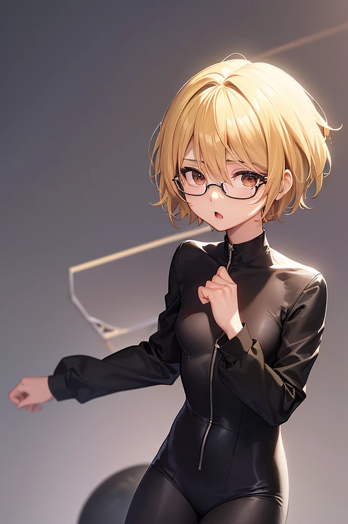 masterpiece, best quality,anime style, 1 girl,(((slender body))), (((small eyes))),(((black athlete suit,glasses))), (beautiful face), (((short hair))), (((straight hair))), ((((blonde hair)))),detailed beautiful skin, (perfect hands, perfect anatomy),scream