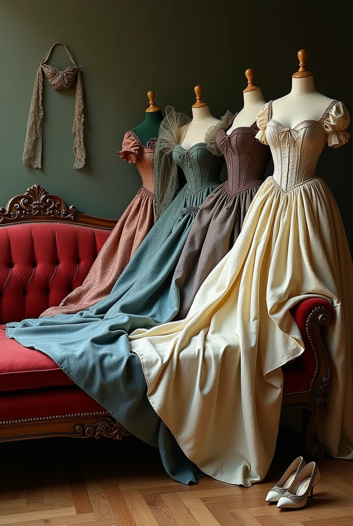 (photorealism:1.2), roccoco style half-couch, velvet fabric, lion foot style wooden frame of couch, right side of couch has multiple messily layered roccoco dresses, voluminous crinoline skirts puffy dresses multiple colours, da vinci style drapery, silk dresses, corsets, dresses NO hangers and NO mannequins, singular pair of olden period heels infront of the couch on floor, random disorganized dresses