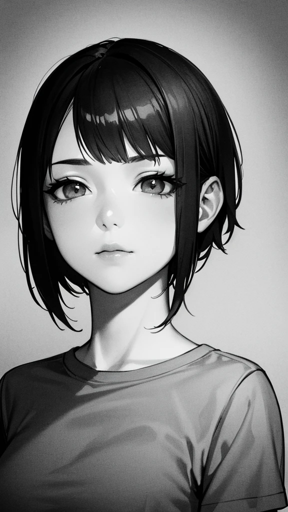 1 woman, alone, monochrome, grayscale, black short hair, portrait, t-shirt, closed mouth, looking at viewer, sketch, graphite \(middle\), small lips, hatching \(group\), Without makeup, upper body, (best illustration), (best quality), (very detailed), (masterpiece), forehead, 20s girl, small eyes, bangs,