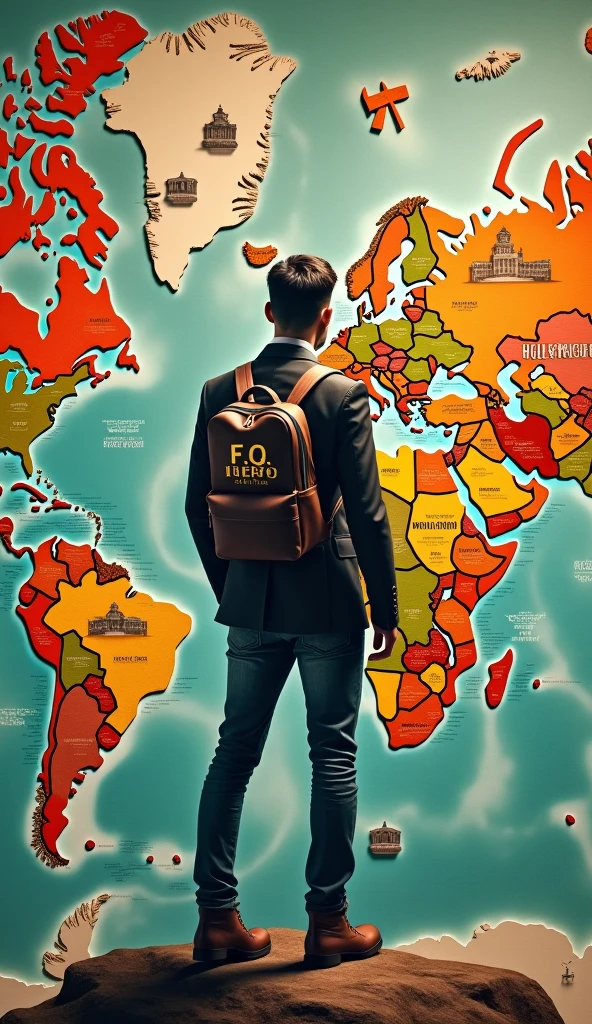 A stylish man standing on the world map. The back of the boy is visible. There is a bag pack on his back. Fantasy word "F.Q HERO" is written on the bag. There is a plane standing near him on the map. He is looking at a word "HOLLYWOOD" and at an Oscar on his target. A realistic, aesthetic poster.