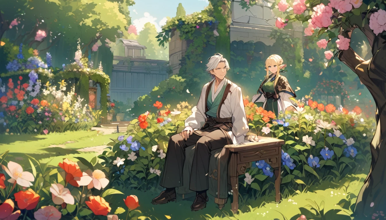 2person, 1girl and 1boy, elfs, middle aged couple, aristocratic looking, in the garden, many flowers, elf ears, man elf