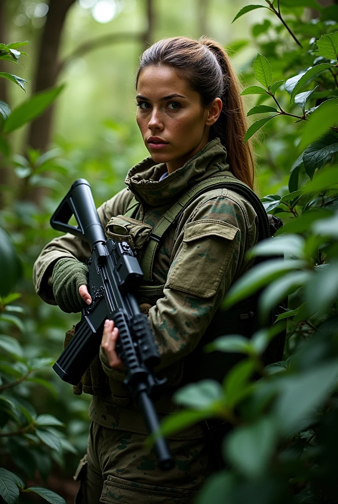 Military woman with gun in hand in bush 