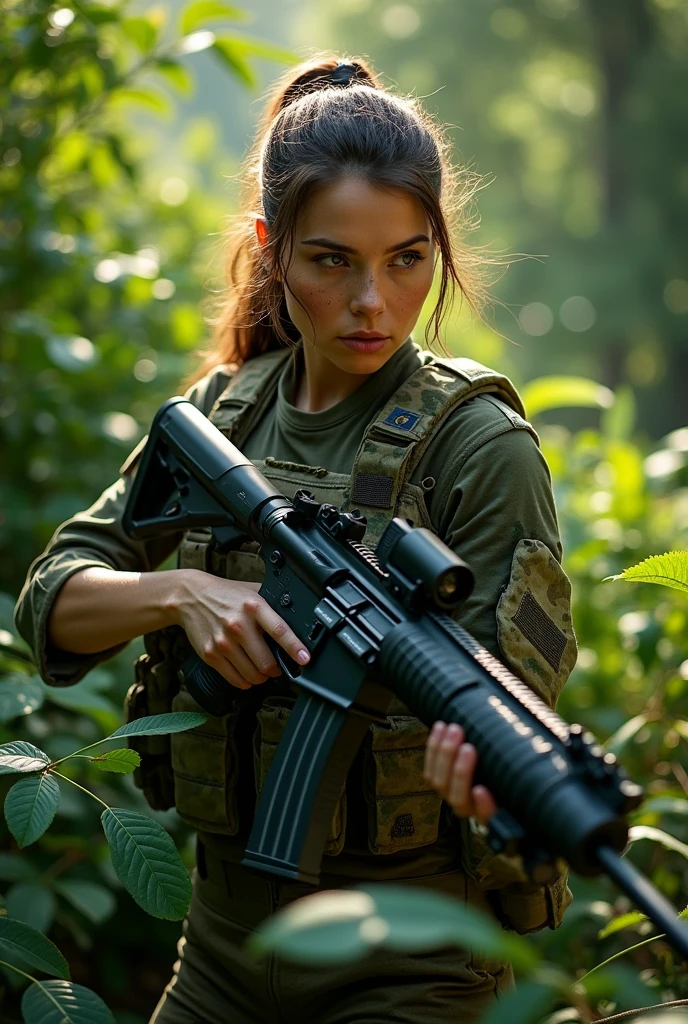 Military woman with gun in hand in bush 