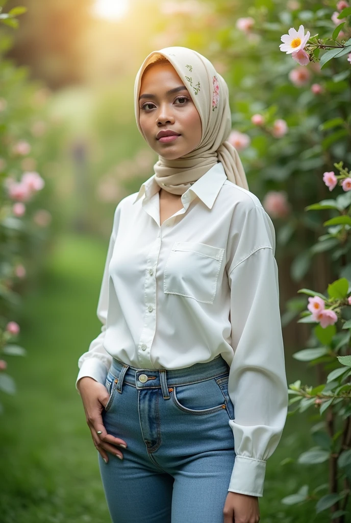 Indonesian woman aged 23, wearing a cream colored hijab, body facing forward, wearing a white shirt, not wearing a bra, tight jeans, sexy hips, green garden background
