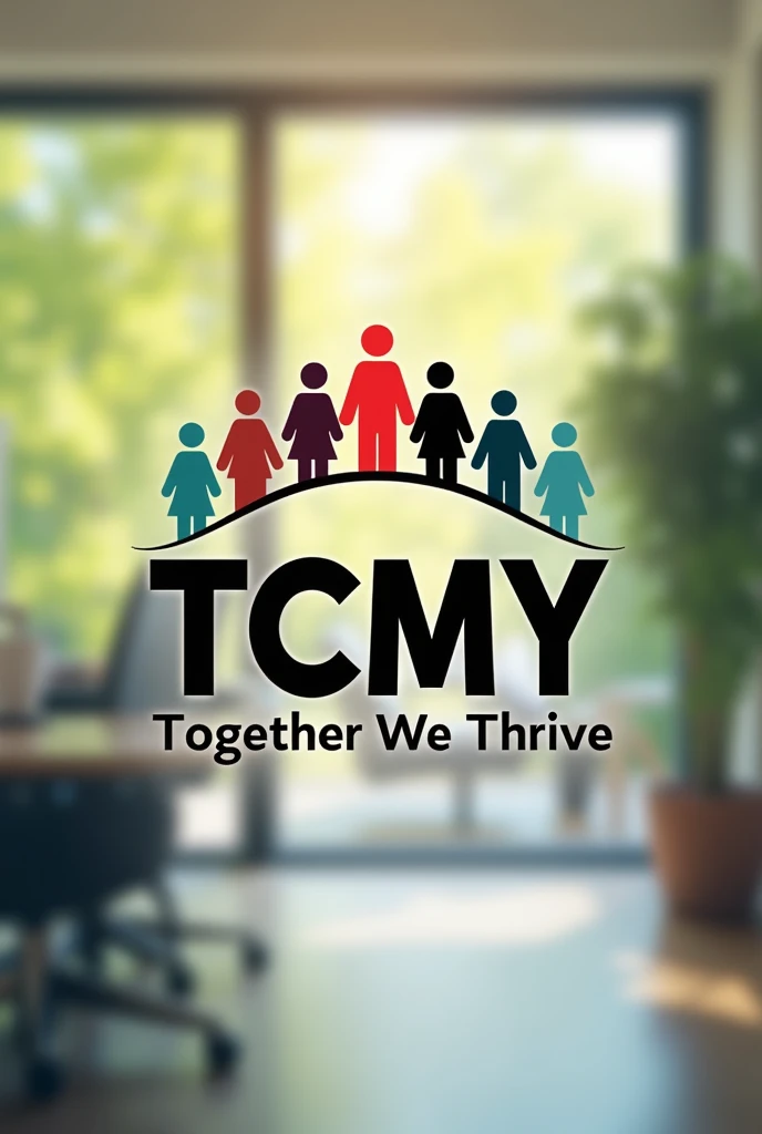 True black,Active Red,neutral grey. Please this colors
 Main Color Code. You may use White as well. 
Create a employee engagement team building logo 
Include (TCMY ) with tage line together we thrive 
With colorful humanoid 
Include blurred beautiful natural office background 