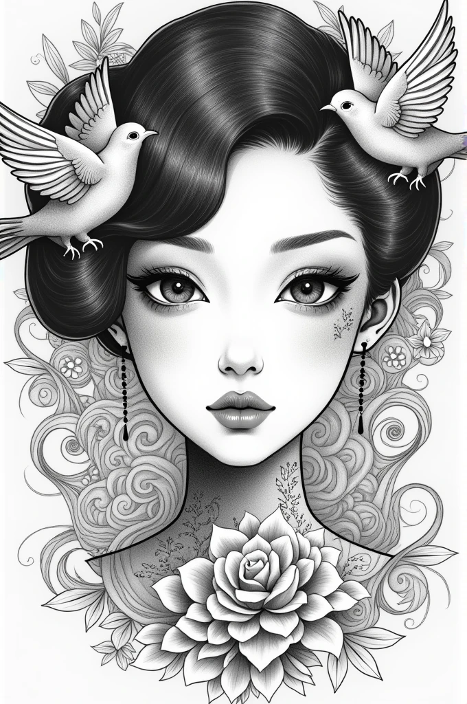((best quality)), ((masterpiece)), (detailed), ((perfect japanese face)), surreal, art nouveau, sparrows, fantasy, sci-fi, line drawing, japanese, traditional, vintage, elegant, chic, sophisticated, tattooed face, 
