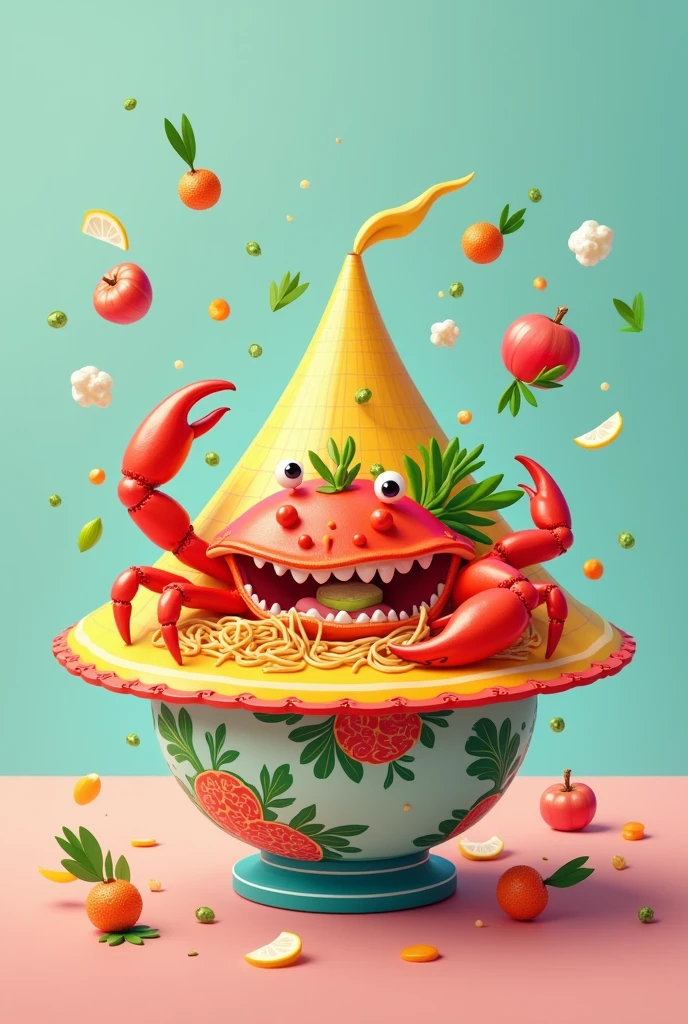 draw a conical hat, On the hat is a model of a bowl of crab noodle soup., con ghẹ siêu to ( 2D graphics )