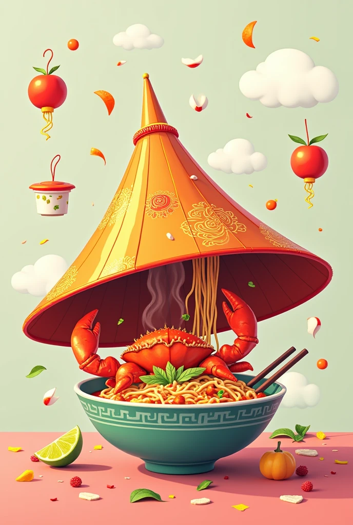 draw a conical hat, On the hat is a model of a bowl of crab noodle soup., con ghẹ siêu to ( 2D graphics )