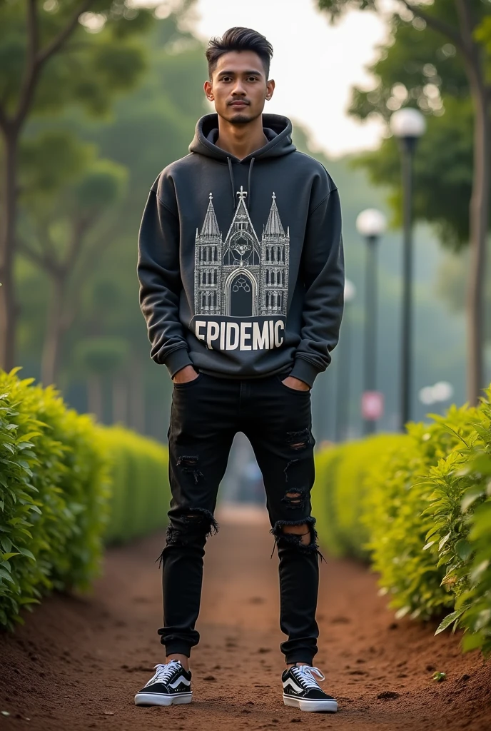 Make a photo Please make me a picture, this picture shows a 28-year-old Indonesia man outdoors on a layer of soil, facing the viewer. Wearing a dark gray hoodie with a Gothic-style building graphic and the word "EPIDEMIC" printed on it. The person was also wearing ripped black jeans and black-and-white Vans sneakers. In the background, there are green shrubs, trees, and street lights indicating that this photo was taken in a park or outdoor area in clear sky. Use the style of street photography, the sigma 85mm f/8 lens.