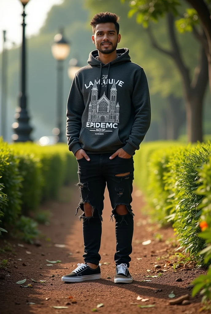 Make a photo Please make me a picture, this picture shows a 28-year-old Indonesia man outdoors on a layer of soil, facing the viewer. Wearing a dark gray hoodie with a Gothic-style building graphic and the word "EPIDEMIC" printed on it. The person was also wearing ripped black jeans and black-and-white Vans sneakers. In the background, there are green shrubs, trees, and street lights indicating that this photo was taken in a park or outdoor area in clear sky. Use the style of street photography, the sigma 85mm f/8 lens.