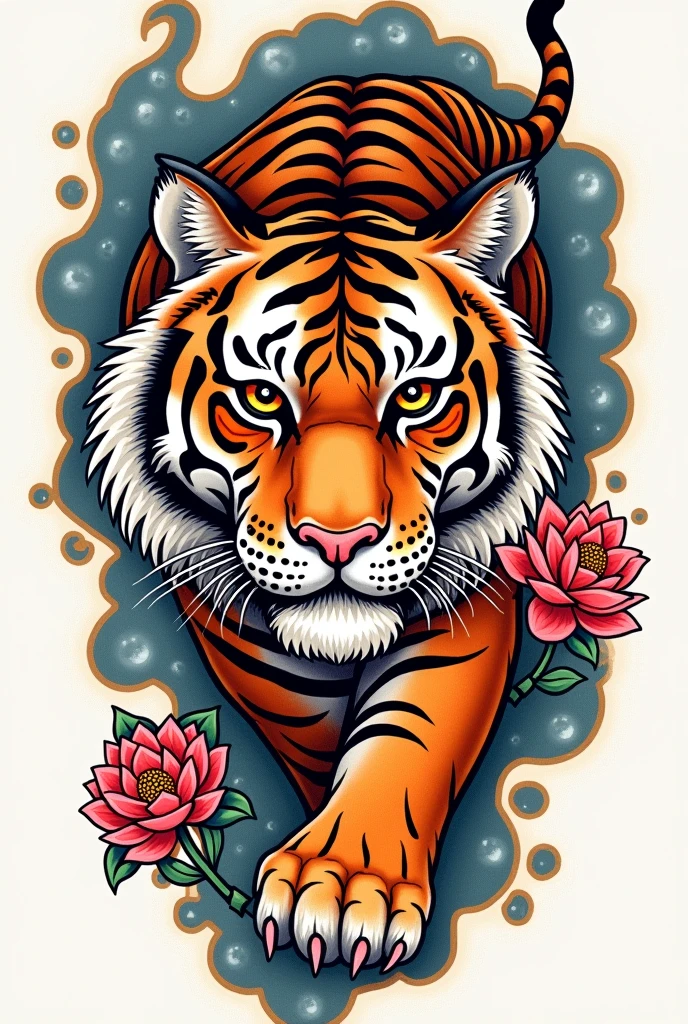 Neo traditional full arm tattoo stencil, tiger theme 