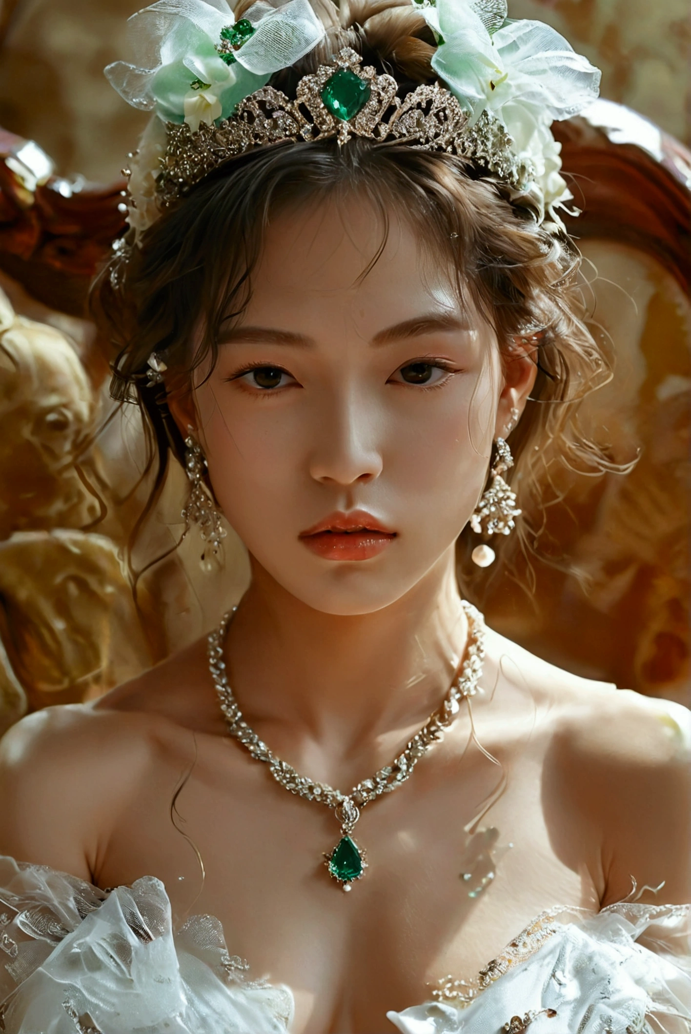 (Nude body:1.9), princess,sofas,Under the moonlight,Close your eyes and enjoy,Collar,Spread your legs,Elegant temperament coiled hair,Hold head earrings in both hands, Armpits, jewelries, Jewelry bracelet, Luxurious necklace, Little emerald dress,Luxurious tiara,soaking wet, Commuting pure white small heels, The whole body drips,Pointed-toe heels,drooping breast, White skin, 8K, Delicate lips, delicate eye, Double eyelid