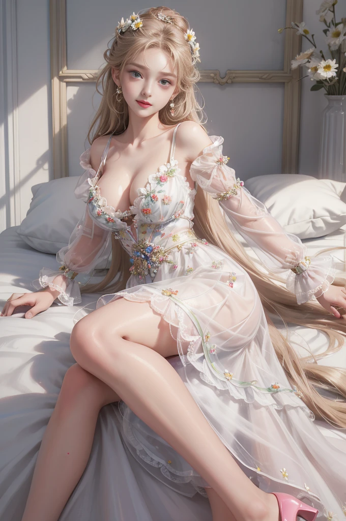 dress, bouffont dress, transparent long sleeves, daisies, cherry,((Girl lying in bed))、A beautiful and moving woman, in an elegant pose, her full breasts on display.,Visible cleavage,Sexy long legs,Variety of slim and cute beauties, Her long hair cascades down her shoulders like a waterfall。She smiles radiantly,Eyes sparkle,Her skin is flawless。Her curves are highlighted。Sparkle in the light,The colors are soft,She lay confidently,One hand on hip,Her posture is both graceful and strong。She wears elegant high heels,Goes well with her outfit。In the warm golden sun。The overall atmosphere of the image is tranquil and uplifting,Emphasizing natural beauty and elegance, Studio Lighting,Bright colors, Sweet maiden, sweet smile, make up,shy,Blush,Parted lips,Heavy breathing,moan,Surrealism,Realism,Movie Lighting,Relief,Sony FE GM,Retina,masterpiece,precise,Anatomically correct,Textured Skin,Super Detail,High Detail,best quality,rich and colorful