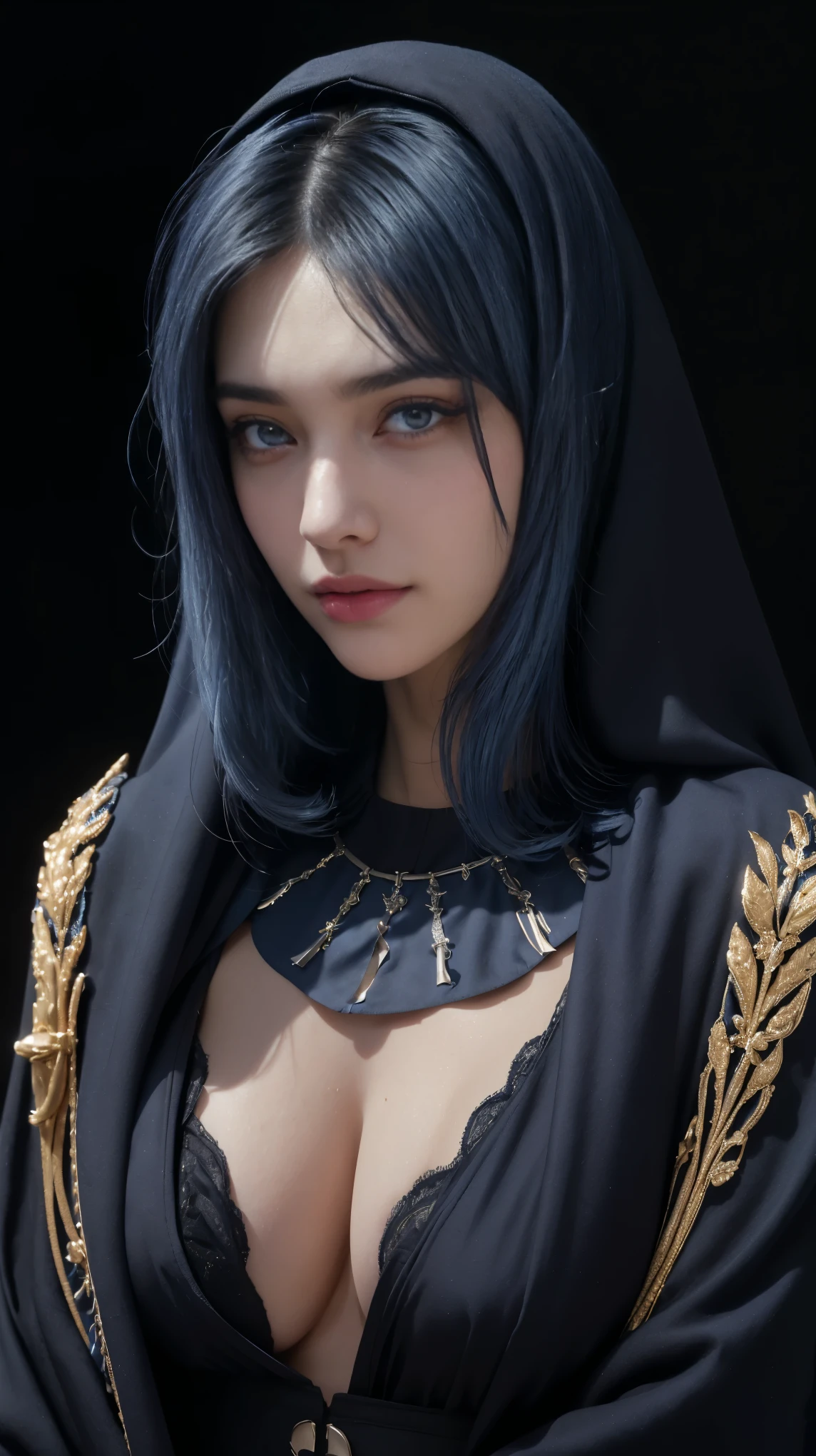 8K, Top Quality, Intricate Details, Ultra Detail, Ultra High Resolution, Masterpiece, close up shot, (full body: 1.1), ((close up shot, face shot, close up shot, portrait, face shot, passport shot, very close up shot, )) (()), Slender, Smile, (Makeup: 0.4), ), (Fluffy Eyes: 1.21), (((( )))), 1girl, solo, 1 girl, ((blue hair, blue hair, dark blue hair, (long hair), (bangs), bangs,,dark blue hair, blue hair , blue eyes, messy hair)), close up shot, , ((tall)), (((fit body))), (((slim face))), sharp face, (( abaya, abaya, abaya,)),(), ((abaya)), (detailed face), sharp face, small lips, smile, smirk, (( )), ,
((,)), , ((,)), detailed face, detailed breast, detailed breast, , ((large breast, huge breast, )), Navel, Exposed Abdomen, Pointed Chest,, (( dark background)), black background,