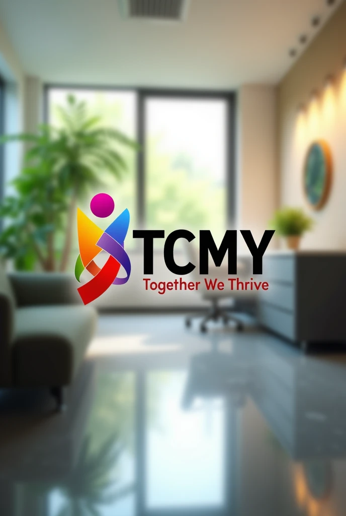 True black,Active Red,neutral grey. Please this colors
 Main Color Code. You may use White as well. 
Create a employee engagement team building logo 
Include (TCMY ) with tage line together we thrive 
With colorful humanoid 
Include blurred beautiful natural office background 