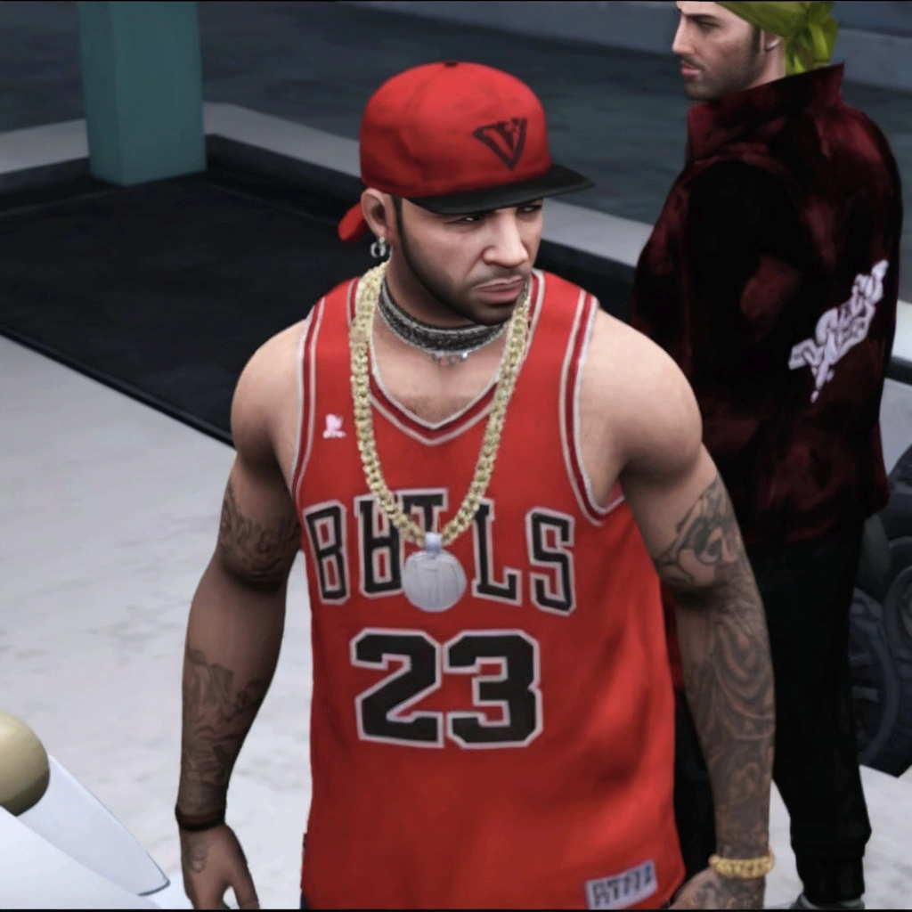 a close up of a person wearing a red jersey and a hat, gta character, wearing nba jersey, as a character from gtav, drake in gta v, wearing a bandana and chain, as the protagonist of gta 5, marshal mathers, style of gta v, jesse pinkman in gta v, gta v character, neymar in gta v, nba 2 k 2 1 near a luxury car