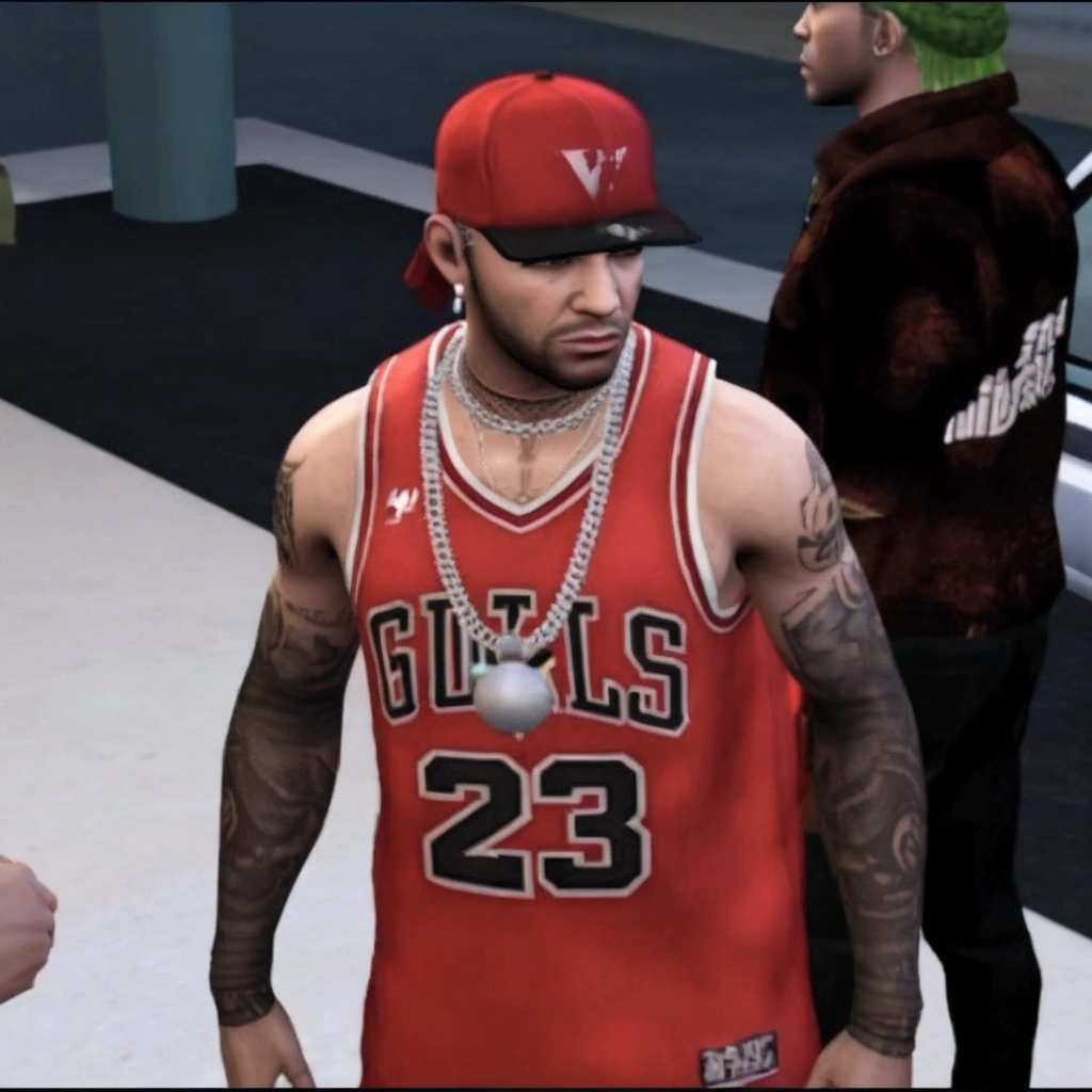a close up of a person wearing a red jersey and a hat, gta character, wearing nba jersey, as a character from gtav, drake in gta v, wearing a bandana and chain, as the protagonist of gta 5, marshal mathers, style of gta v, jesse pinkman in gta v, gta v character, neymar in gta v, nba 2 k 2 1 near a luxury car