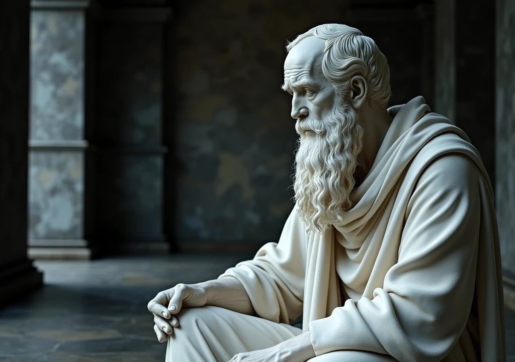 stoicism, motivation, stoic marble statue thinking,calm, setting, robe, long beard, aged, full body, hyper-realistic, 8k, old beautiful background, incredible, beautiful, black war old home frightening,
