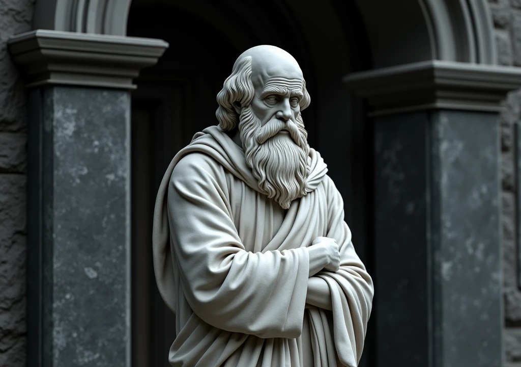 stoicism, motivation, stoic marble statue thinking,calm, setting, robe, long beard, aged, full body, hyper-realistic, 8k, old beautiful background, incredible, beautiful, black war old home frightening,
