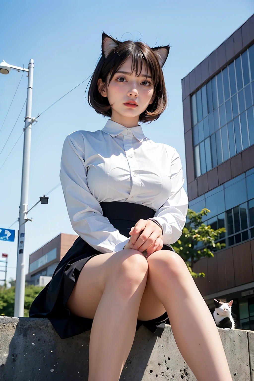 Masterpiece, bokeh, (Beautiful face), (Detailed face), (Japanese idle), ( buisiness suit:1.3), (mini skirt), (Blushed face:1.3), (Plump breast:1.2), (Sitting in crossroad:1.5), (Cat ears:1.3)
, (From below:1.5)