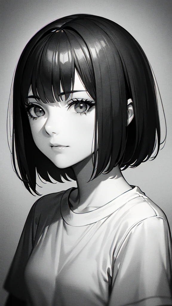 1 woman, alone, monochrome, grayscale, black short hair, portrait, t-shirt, closed mouth, looking at viewer, sketch, graphite \(middle\), small lips, hatching \(group\), Without makeup, upper body, (best illustration), (best quality), (very detailed), (masterpiece), forehead, 20s girl, small eyes, bangs,