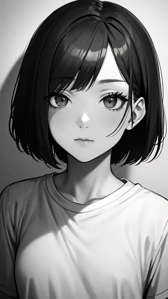 1 woman, alone, monochrome, grayscale, black short hair, portrait, t-shirt, closed mouth, looking at viewer, sketch, graphite \(middle\), small lips, hatching \(group\), Without makeup, upper body, (best illustration), (best quality), (very detailed), (masterpiece), forehead, 20s girl, small eyes, bangs,