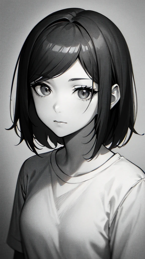 1 woman, alone, monochrome, grayscale, black short hair, portrait, t-shirt, closed mouth, looking at viewer, sketch, graphite \(middle\), small lips, hatching \(group\), Without makeup, upper body, (best illustration), (best quality), (very detailed), (masterpiece), forehead, 20s girl, small eyes, bangs,