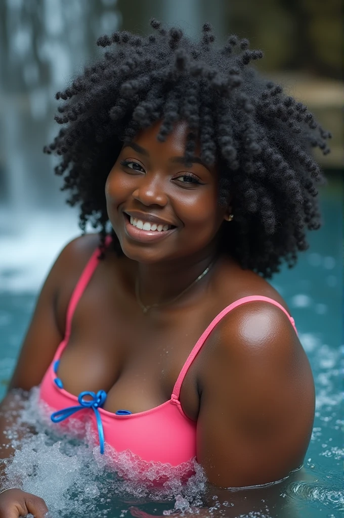 Photograph of a 23-year-old, heavy-set, dark-skinned African-American woman bathing in a steaming onsen. erotic facial expressions. waterfall in the background. She has 36 breasts, big hips, big buttocks, curvy body. She is wearing a pink bikini with blue details. artwork, depth of field, bright lighting, backlighting, Ultra HD, artwork, Anatomically correct, Textured skin, Super Detail, 8K, full body shot, high angle shot, dramatic angle, extreme angle shot