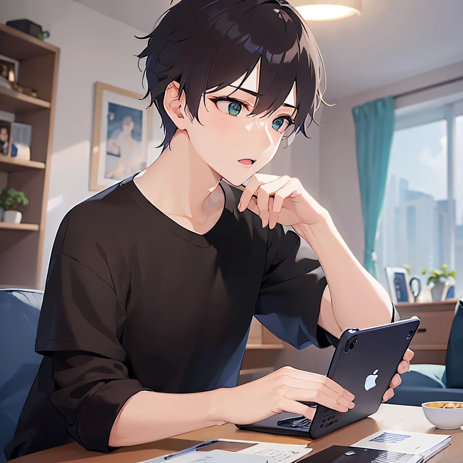 (25-year-old male:1.5) and (Brown short hair) and (Green Eyes), (looking away:1.5),upper body、 (talking on the smartphone:1.5),(handling_smart_phone, smart_phone:1.2)、profile、Put your hand over your mouth、 shiny skin, masterpiece、Highest quality、 (black T-shirts:1.5) open mouth,The background is the living room at night、(alone:1.5)