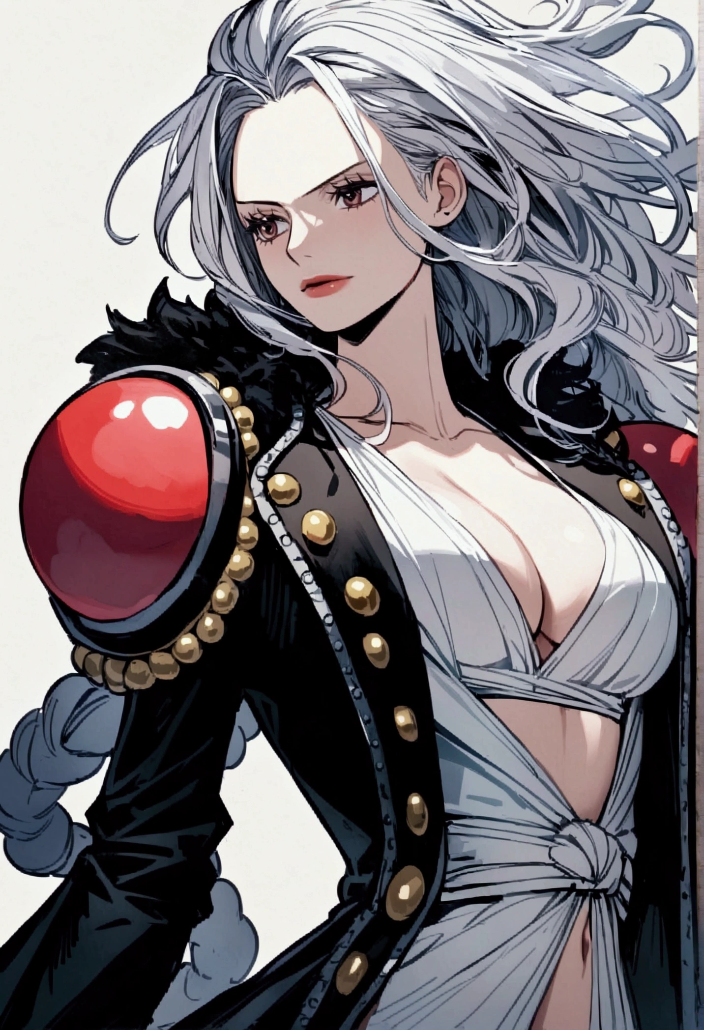 Lunarian from one piece with long messy white hair, a black overcoat and a white shirt underneath